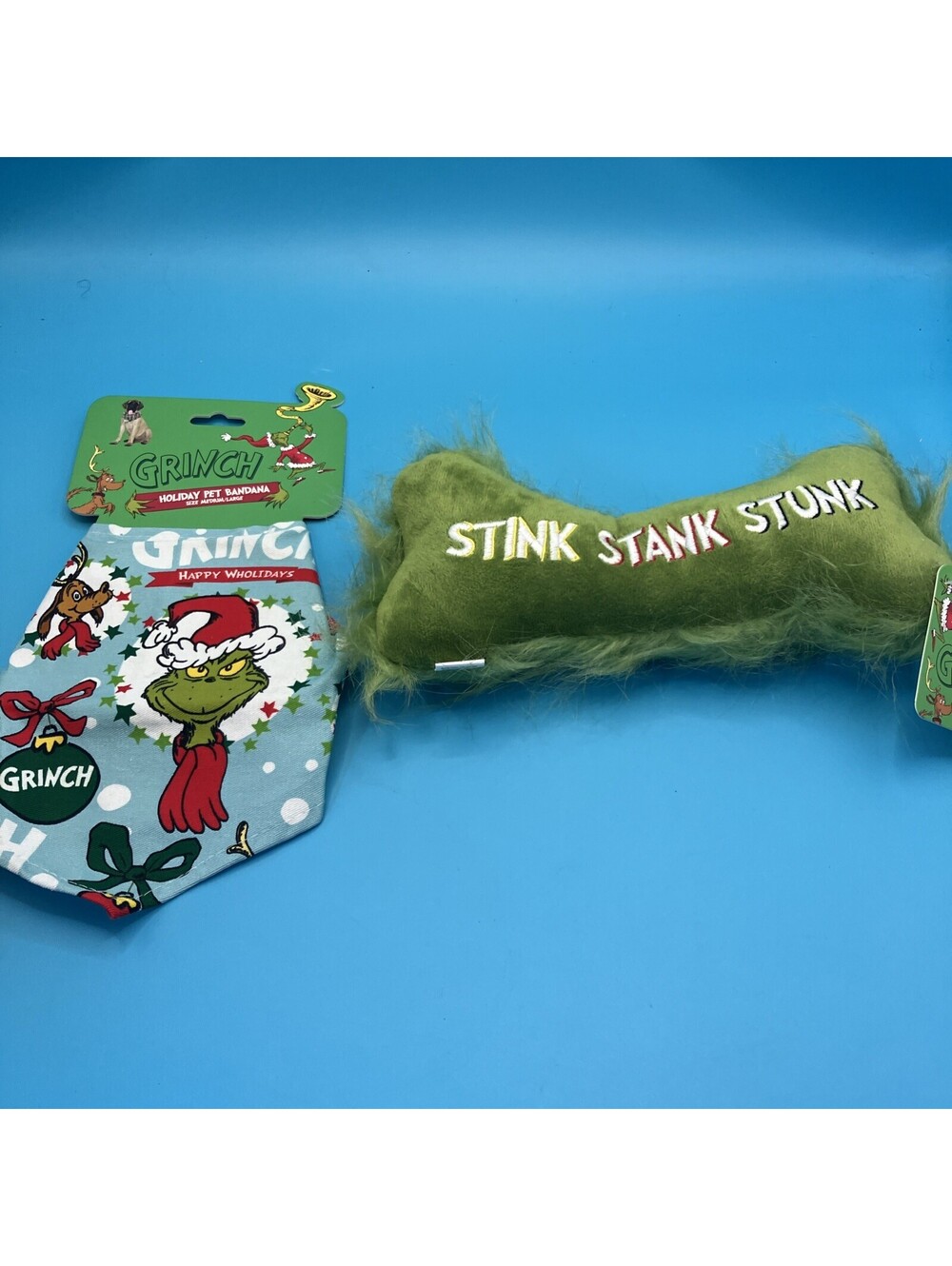 The Grinch Christmas Holiday Pet Bandana & Green Fluff Bone Dog Toys - Squeaker